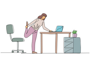 Wall Mural - Single continuous line drawing woman standing with one leg raised and her hand typing on a laptop. Nervous. Light exercise helps stay calm. Overtime on the weekend. One line design vector illustration