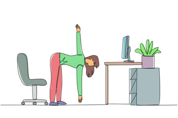 Poster - continuous one line drawing woman stands with one hand raised and the other hand holding the tip of 