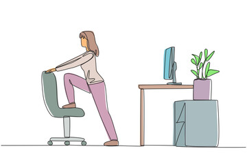 Poster - Single one line drawing the woman stands while lifting one of her legs onto a chair. Warm up before facing a lot of work. Working overtime on the weekend. Continuous line design graphic illustration