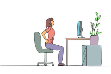Poster - single one line drawing woman sitting in work chair with hands holding her waist. work while practic