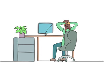 Poster - Single continuous line drawing woman sitting in chair with her hands holding the back of head. Flustered. Do a little movement to relax and feel comfortable. Work. One line design vector illustration