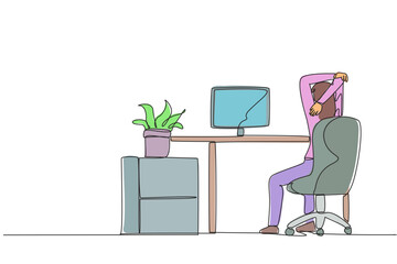 Poster - single one line drawing woman sitting in work chair warming up her hands above her head. relax itsel
