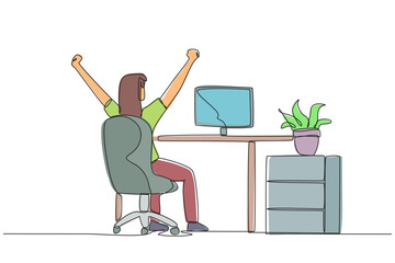 Poster - continuous one line drawing the woman sit on chair opening and raising her hands. squirming. doing s