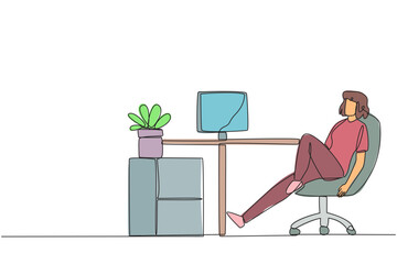 Poster - single one line drawing woman sits in work chair with one of legs raised and folded. do some warm-up
