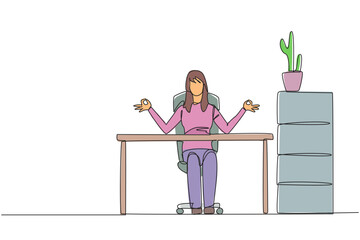 Poster - Continuous one line drawing woman sitting in work chair with her fingers rounded. Like doing yoga movements. Looking for peace of mind. Overtime on weekend. Single line draw design vector illustration