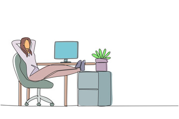 Poster - Continuous one line drawing woman sits in work chair with hands behind head and her legs raised on work desk. Relax. Waiting for the report to be reviewed. Single line draw design vector illustration