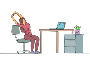 Poster - continuous one line drawing woman sitting in work chair while raising both hands. tense because too 