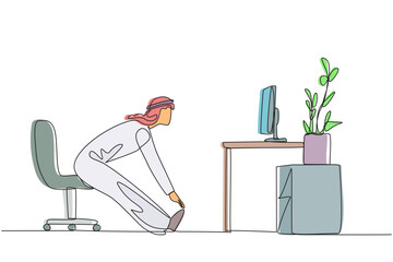 Poster - Single one line drawing Arabian man sitting in work chair with legs straightened. Stretching. Light exercise while at the office. Maintain health. Hectic. Continuous line design graphic illustration