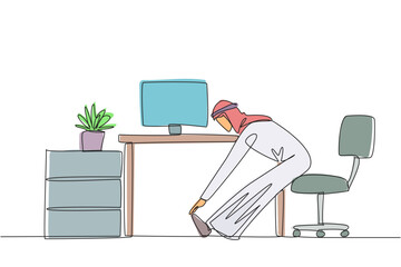 Poster - continuous one line drawing arab man sits in work chair with legs straightened, hands hold legs. str