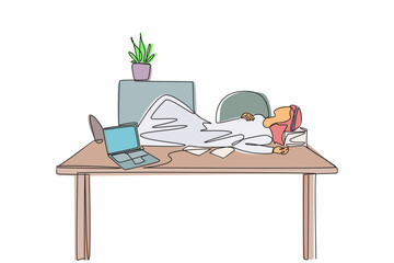 Poster - single continuous line drawing arabian man fell asleep on the table with a pillow from a pile of pap