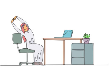 Poster - Single one line drawing Arabian man sitting in work chair while raising both hands. Stretching. Working too long in front of the laptop. Overtime. Hectic. Continuous line design graphic illustration