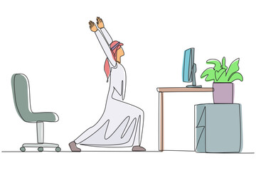 Poster - single continuous line drawing arabian man stands with both hands raised and legs stretched. start o
