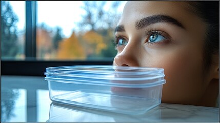 Poster - A young woman looks through a window with a plastic container covering her mouth.