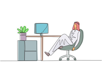 Poster - Single continuous line drawing Arab man sits in work chair with one of legs raised and folded. Take a break from busy overtime on weekend. Restore the mood. Hectic. One line design vector illustration
