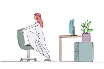 Poster - single continuous line drawing arab man stands while lifting one of his legs onto a chair. stretch t