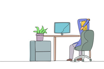 Poster - continuous one line drawing arab woman sitting in a work chair warming up hands above her head. stre