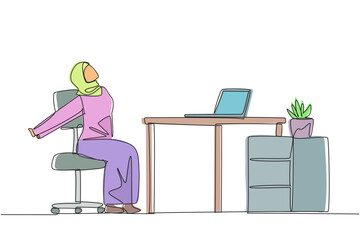 Poster - single one line drawing arab woman sitting in work chair stretching arms behind back. squirming. str