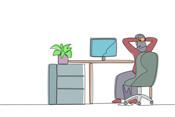 Poster - one continuous line drawing woman sitting in work chair stretching her hand up behind her head. body