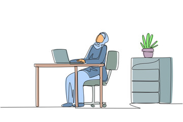 Poster - single one line drawing arab woman sitting in work chair typing on laptop with head tilted. stiff ne