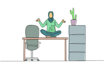 Canvas Print - Single one line drawing Arabian woman sitting cross-legged on a work desk. Do yoga activities while at the office. Makes the mind calm and focused better. Continuous line design graphic illustration