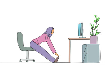 Poster - Continuous one line drawing Arabian woman sitting in work chair with legs straightened. Stretching. Flex muscles. Ready to work overtime on the weekend. Single line draw design vector illustration
