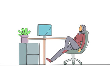 Poster - single one line drawing arab woman sits in work chair with one of legs raised and folded. relax afte