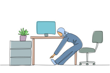 Poster - continuous one line drawing arabian woman sitting in work chair with legs straightened. stretching. 