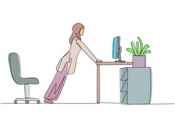 Poster - single one line drawing arabian woman do push up movements by holding edge of work table. exercise f