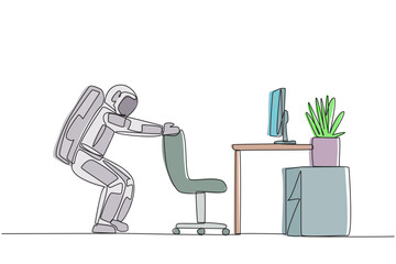 Poster - single continuous line drawing astronaut stands with a slight bend and both hands hold the top of ch