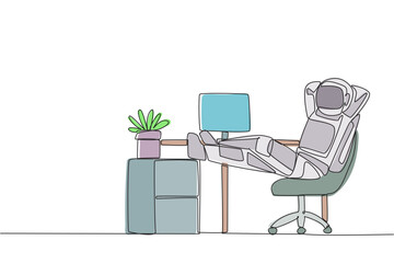 Poster - continuous one line drawing astronaut sits in work chair with his hands behind head and his legs rai