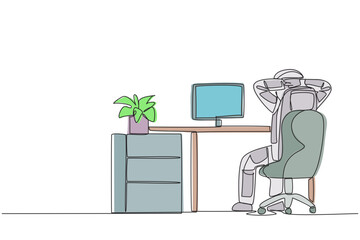 Wall Mural - Single continuous line drawing astronaut sitting in chair with his hands holding the back of head. Rest while monitoring the location of the space expedition. One line design vector illustration