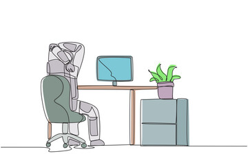 Poster - single one line drawing astronaut sitting in a work chair warming up his hands above his head. stret