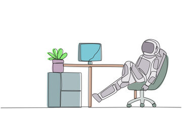 Wall Mural - Continuous one line drawing astronaut sits in work chair with one of legs raised and folded. Relax. A daily activity plan for space expedition is done. Single line draw design vector illustration