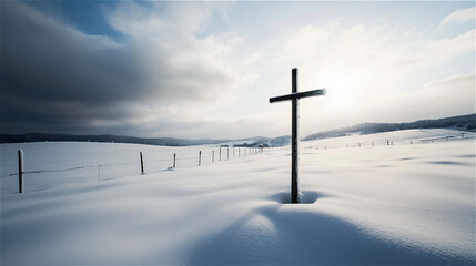 A cross can be seen on the snow-covered field horizon.