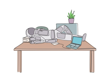 Poster - single continuous line drawing astronaut fell asleep on table with pillow from a pile of papers. fat