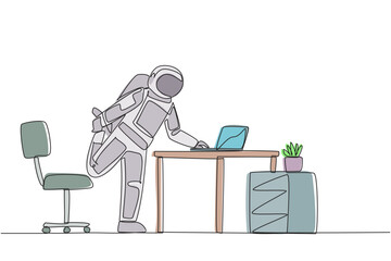 Poster - single one line drawing astronaut standing with one leg raised and his hand typing on a laptop. stre