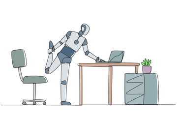 Poster - Single continuous line drawing robot standing with one leg raised and his hand typing on a laptop. Multitasking robots. Work while stretching. Future technology AI. One line design vector illustration