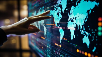 Hand pointing at digital screen with global map and finance graphs for smart business growth