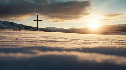 A cross can be seen on the snow-covered field horizon.