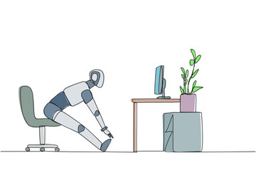 Poster - Single continuous line drawing robot sitting in work chair with legs straightened. Robot trains stretching. Practice every day. Artificial intelligence. Technology. One line design vector illustration