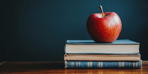 Wall Mural - A red apple on a stack of books on a desk table. Education and back to school concept