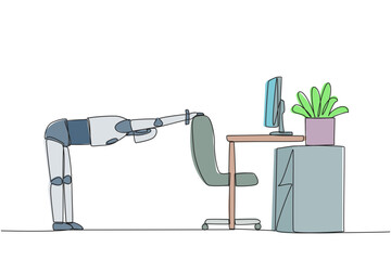 Poster - continuous one line drawing robot bowed while holding his hand on his work chair. stretching. traini