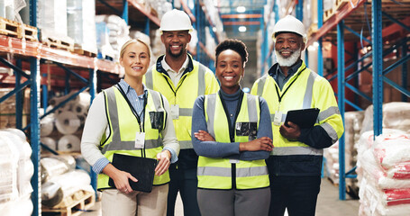 Canvas Print - Business people, portrait and logistics with professional team for supply chain, distribution or storage at warehouse. Group, colleagues or employees with smile in confidence for inventory control