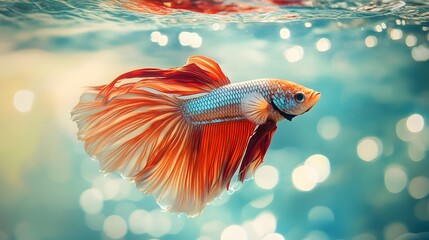 Wall Mural - Striking Red Betta Fish Swimming Gracefully Underwater in Aquarium