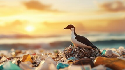 Wall Mural - Seabird Nestled in Plastic Waste at Sunset.