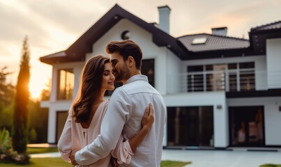 Happy young couple standing in front of new home - Husband and wife buying new house. Life style real estate concept, Generative AI