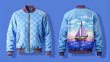 Pixelated palms sway in the breeze behind a skinny fit bomber jacket with a boat neck and periwinkle blue hue, resembling a breezy summer day.