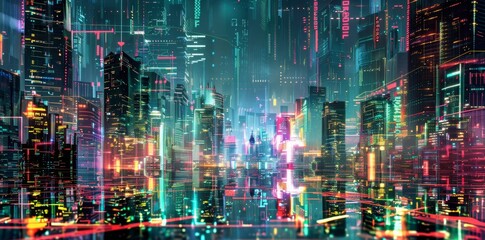 Wall Mural - A vibrant depiction of digital data streams flowing through a futuristic neon cityscape.