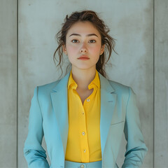 Wall Mural -  30 years old woman in an office. Button up blouse in yellow and light blue suit pants jacket, business woman in office