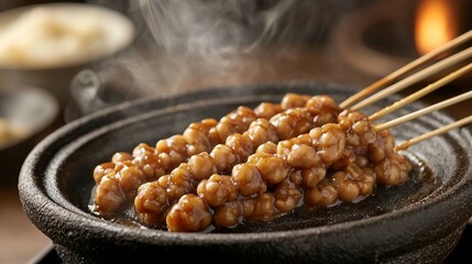 Traditional Natto Japanese Fermented Soybeans Top View with Copy Space for Text.